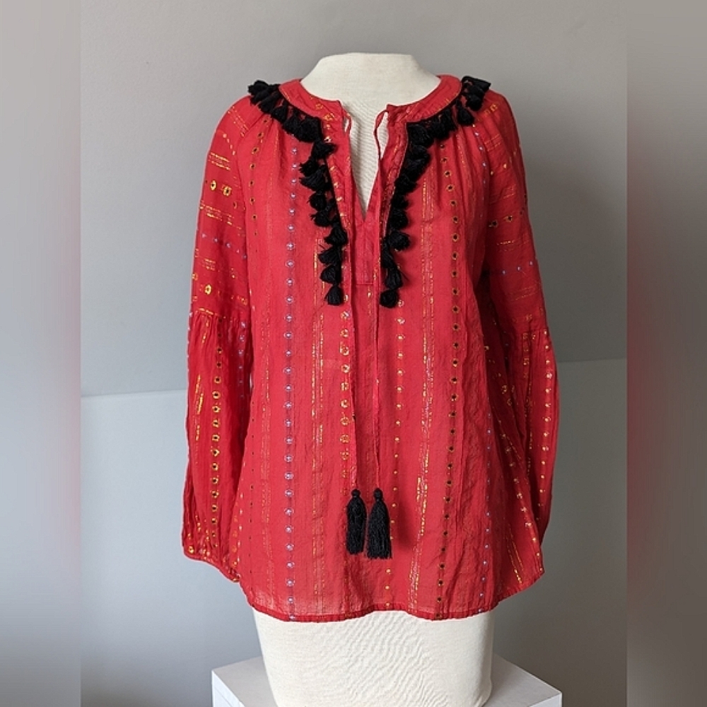 Belle Vere for Anthropologie Tasseled Boho Long Sleeve Blouse